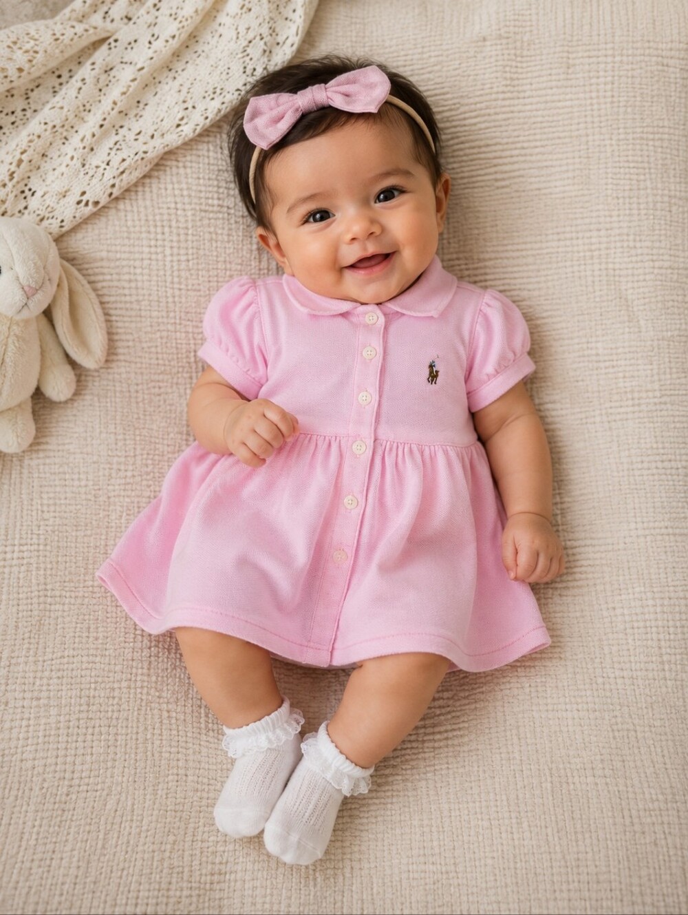 Ralph Lauren Baby Girls Pink Polo Dress Puff Sleeve Cotton 3 Months Preppy